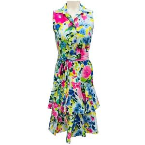 SARA ROKA LIGHT BLUE MULTI NAXA FLORAL SLEEVELESS COTTON DRESS